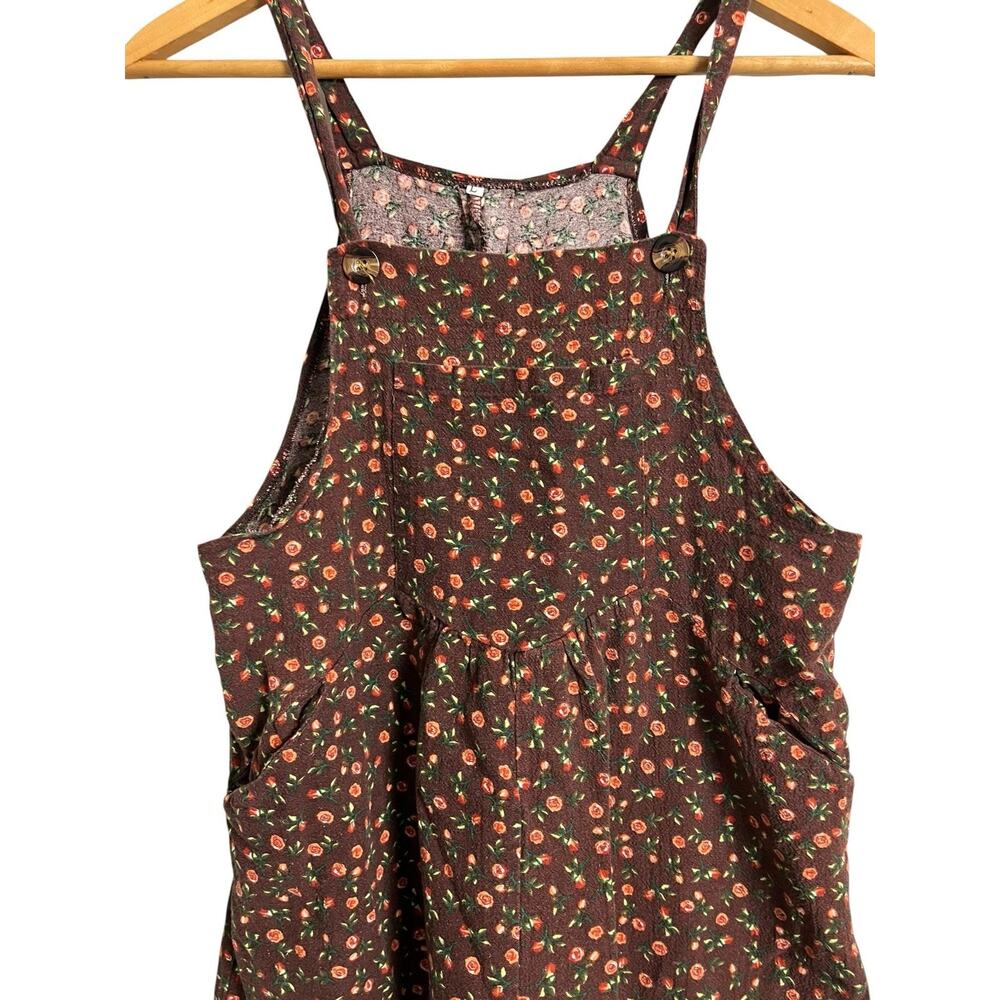 Floral Overall Jumpsuit Womens Large Brown Sleeveless Square Neck Pockets Boho - Picture 2 of 9